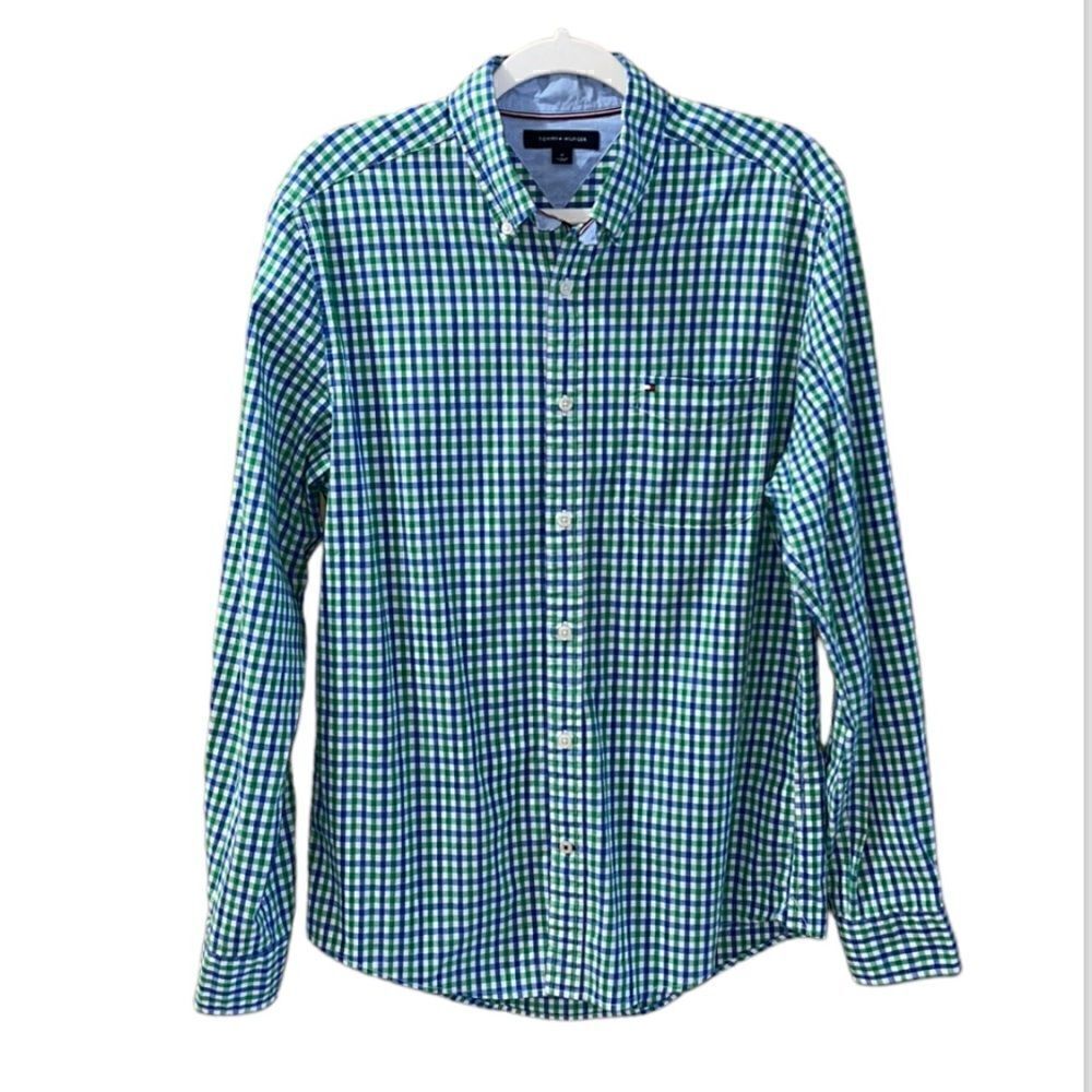 Tommy Hilfiger Men’s M Summer check blue green and white button down shirt